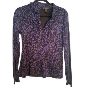 INC International Concepts Ruffle Blouse Button Long Sleeve Top Purple S